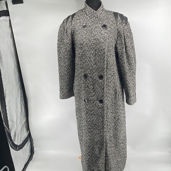 𝅺emblem vintage wool blend full length coat button down faux leather detail - Picture 2 of 9